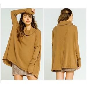 NWT Free People Juicy Brushed Ribbed Top L Mustard Yellow Cowl Neck Oversized